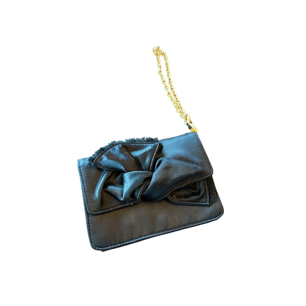 BCBGMAXAZRIA Clutch Black Satin Oversized Bow Evening Bag Gold Chain Wristlet